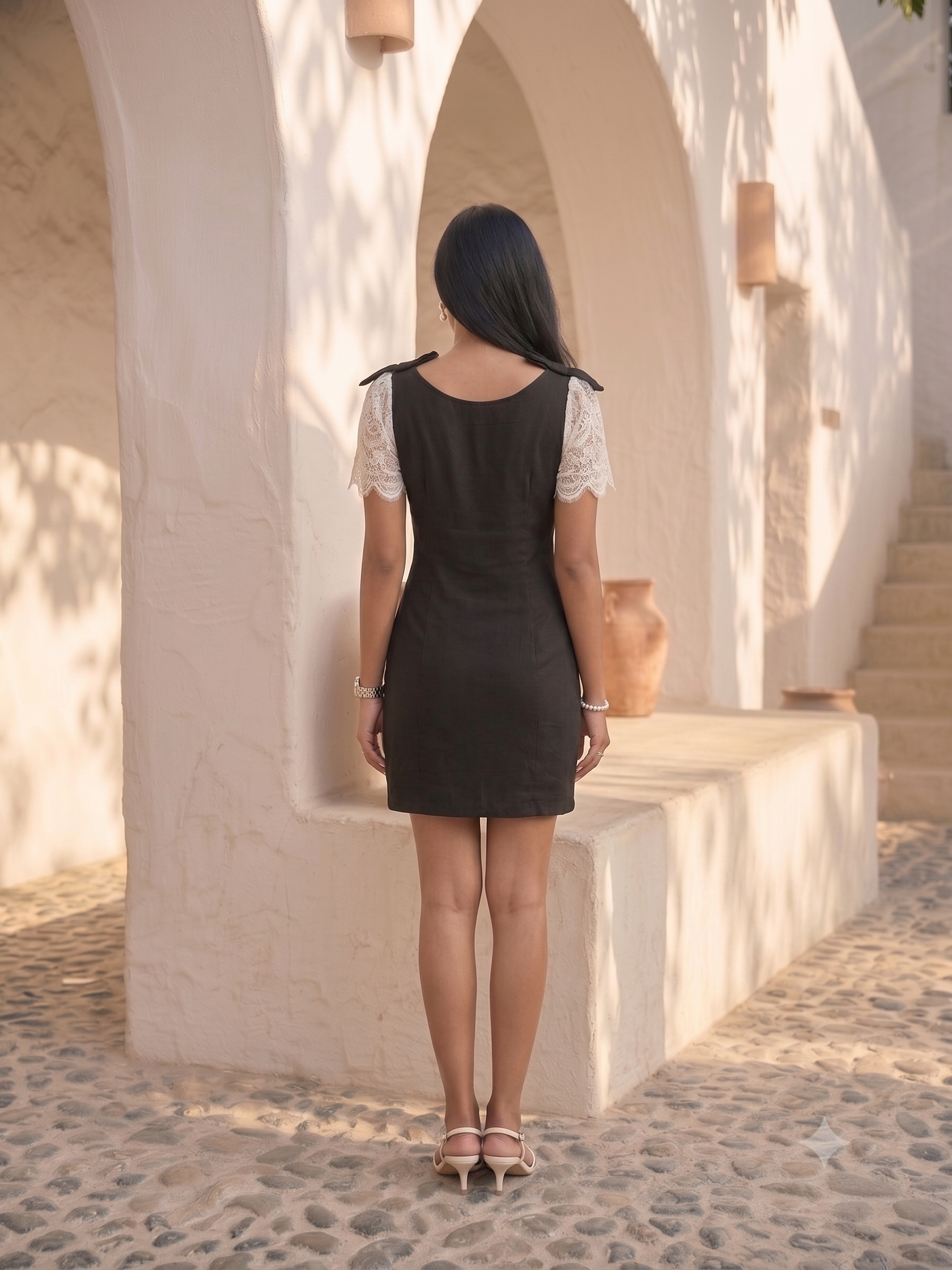 Black Button-Down Mini Dress with Contrast Lace Flutter Sleeves MoonStruck
