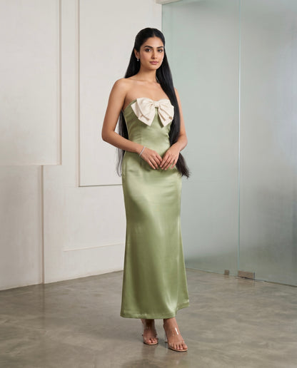 Sage Green Strapless Satin Midi Dress with Contrast Statement Bow Moonstruck