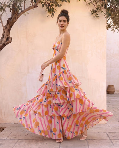 Sunset Orange Ruffle maxi Dress