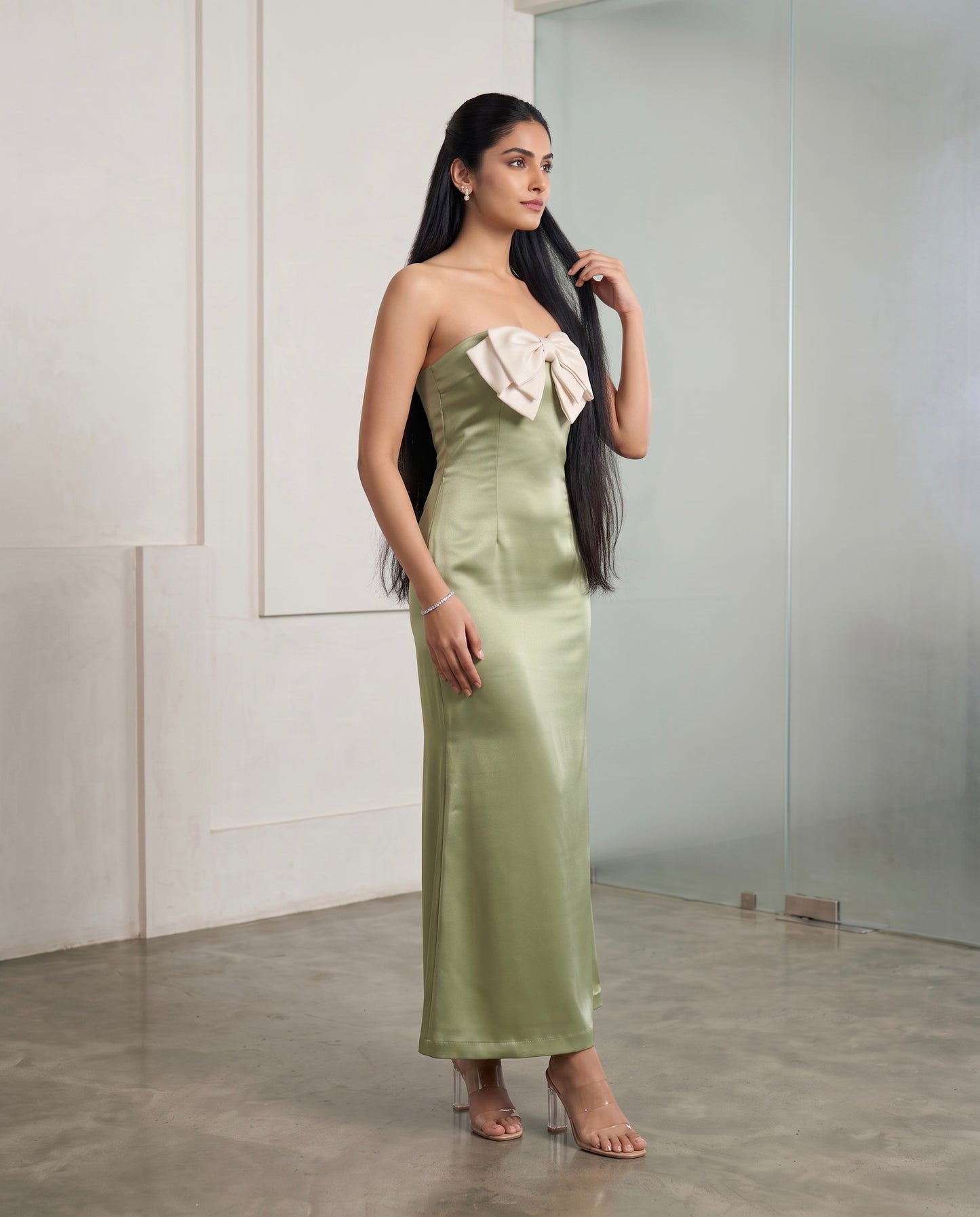 Sage Green Strapless Satin Midi Dress with Contrast Statement Bow Moonstruck