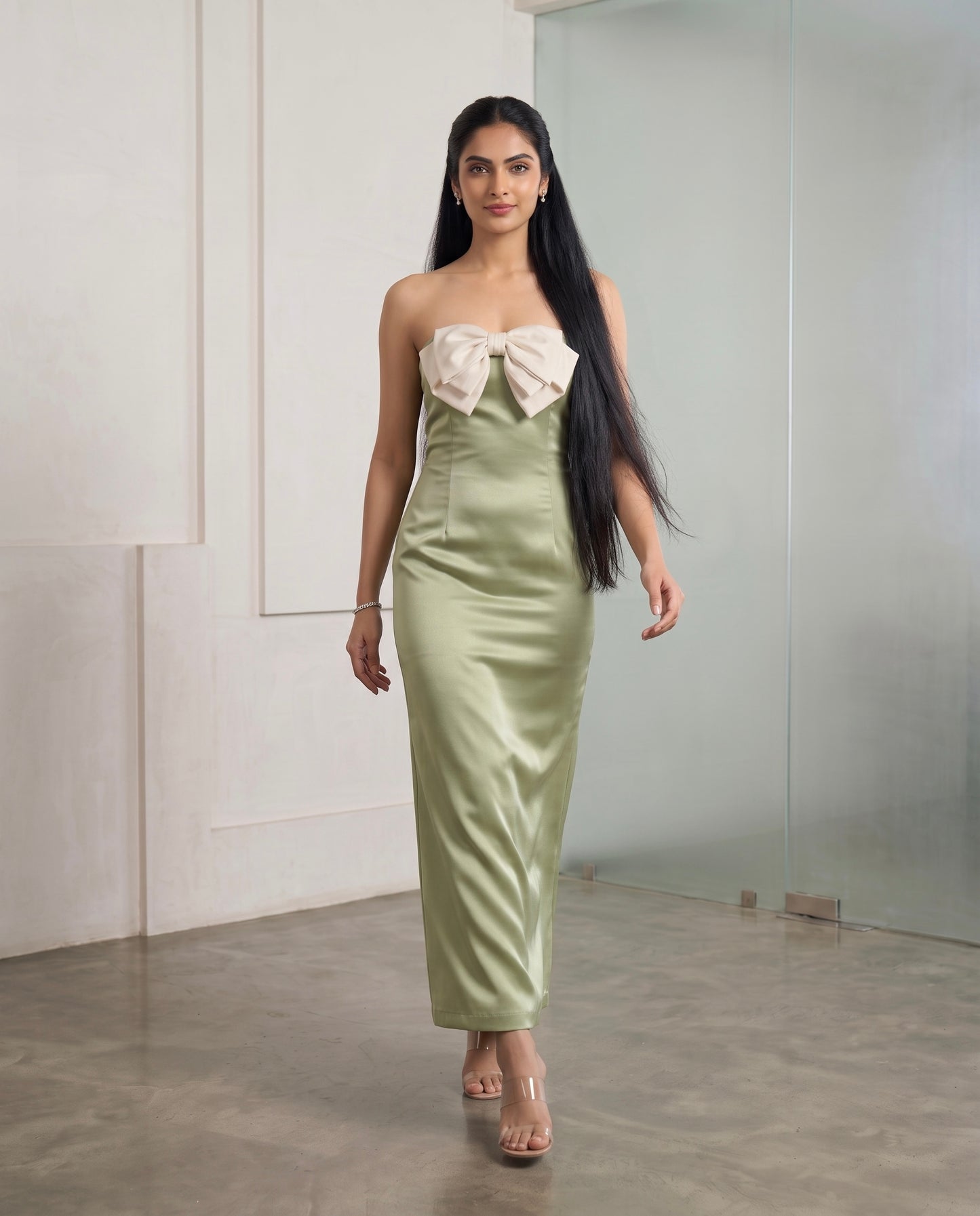 Sage Green Strapless Satin Midi Dress with Contrast Statement Bow Moonstruck