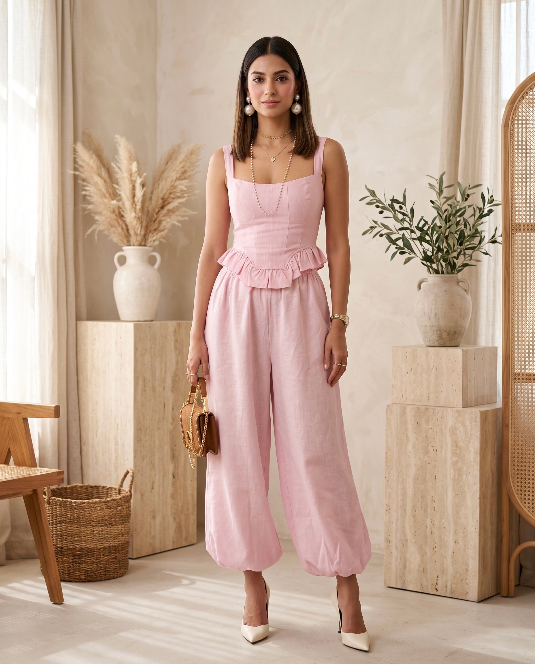 Pink cotton linen co-ord set Moonstruck