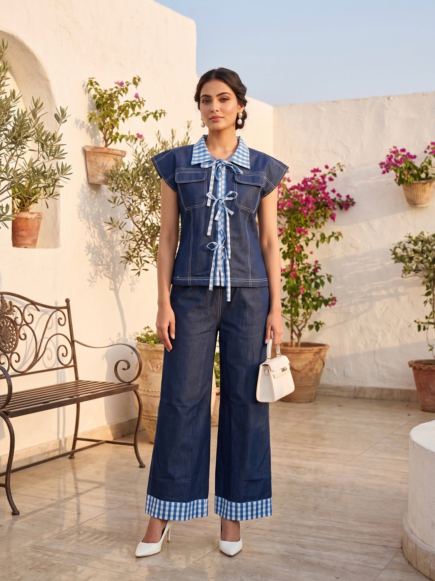 Indigo Gingham Luxe Co-Ord Set Moonstruck