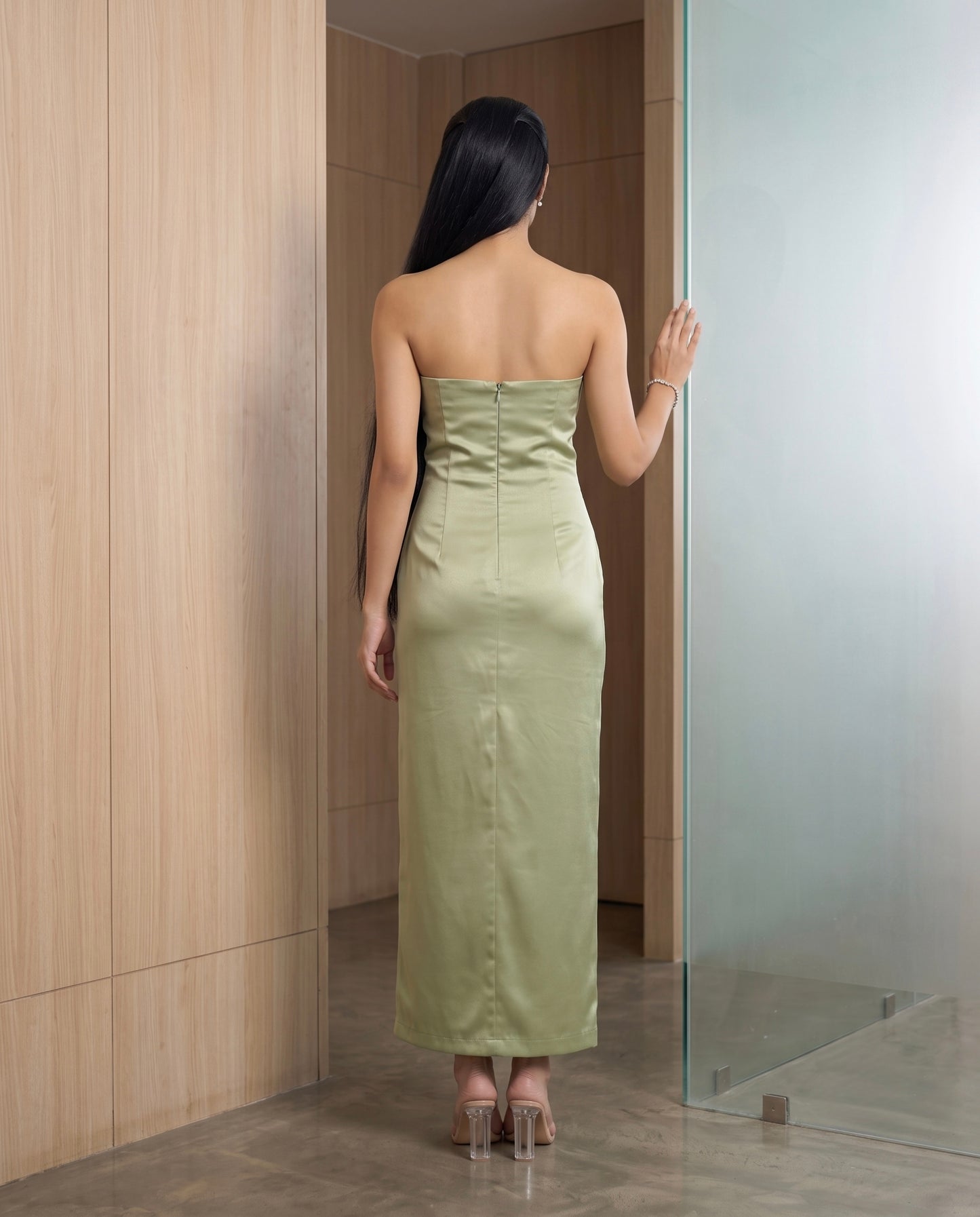 Sage Green Strapless Satin Midi Dress with Contrast Statement Bow Moonstruck