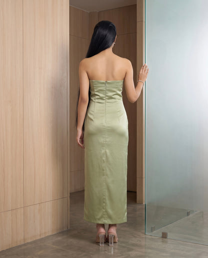 Sage Green Strapless Satin Midi Dress with Contrast Statement Bow Moonstruck