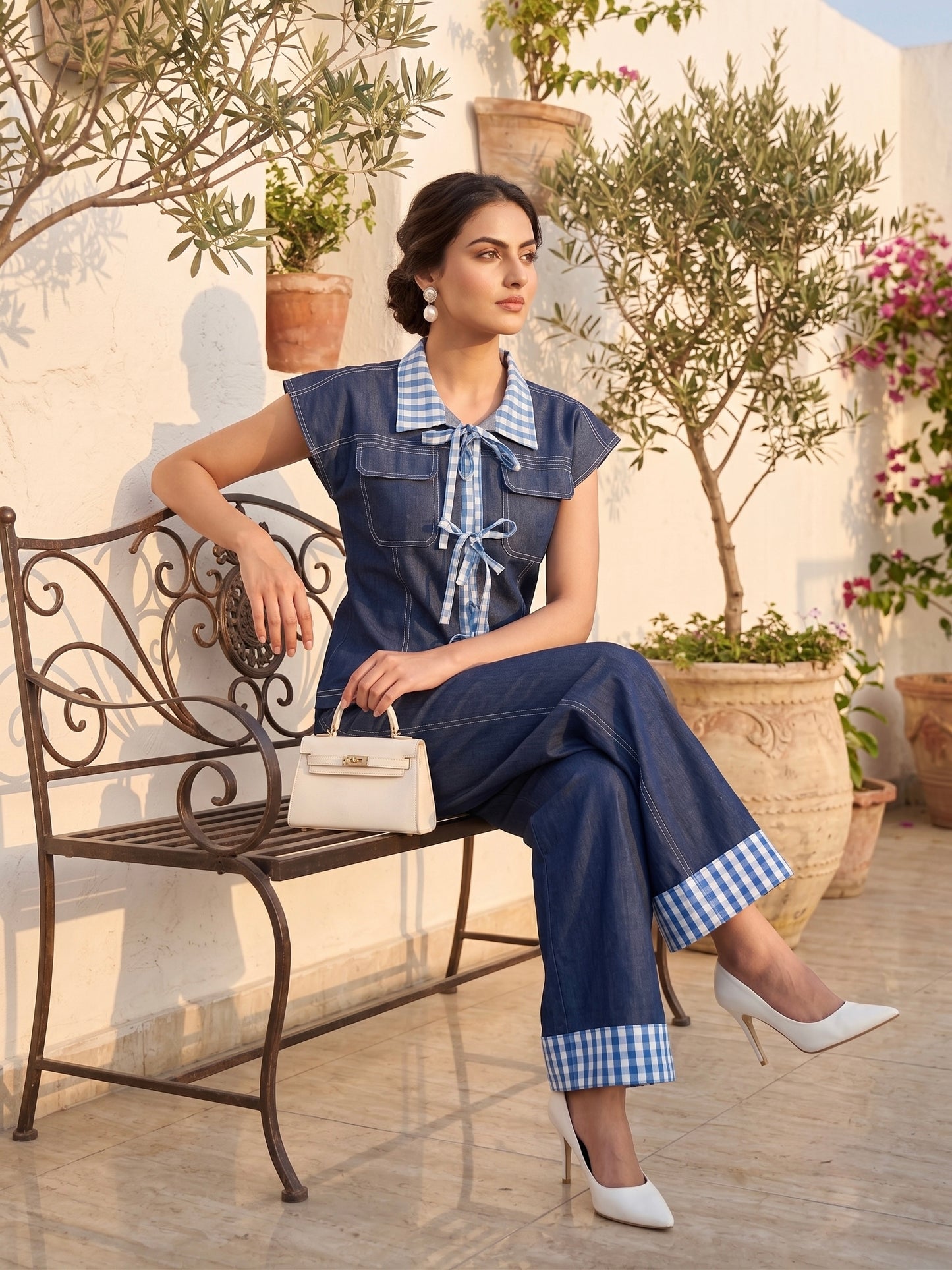 Indigo Gingham Luxe Co-Ord Set Moonstruck