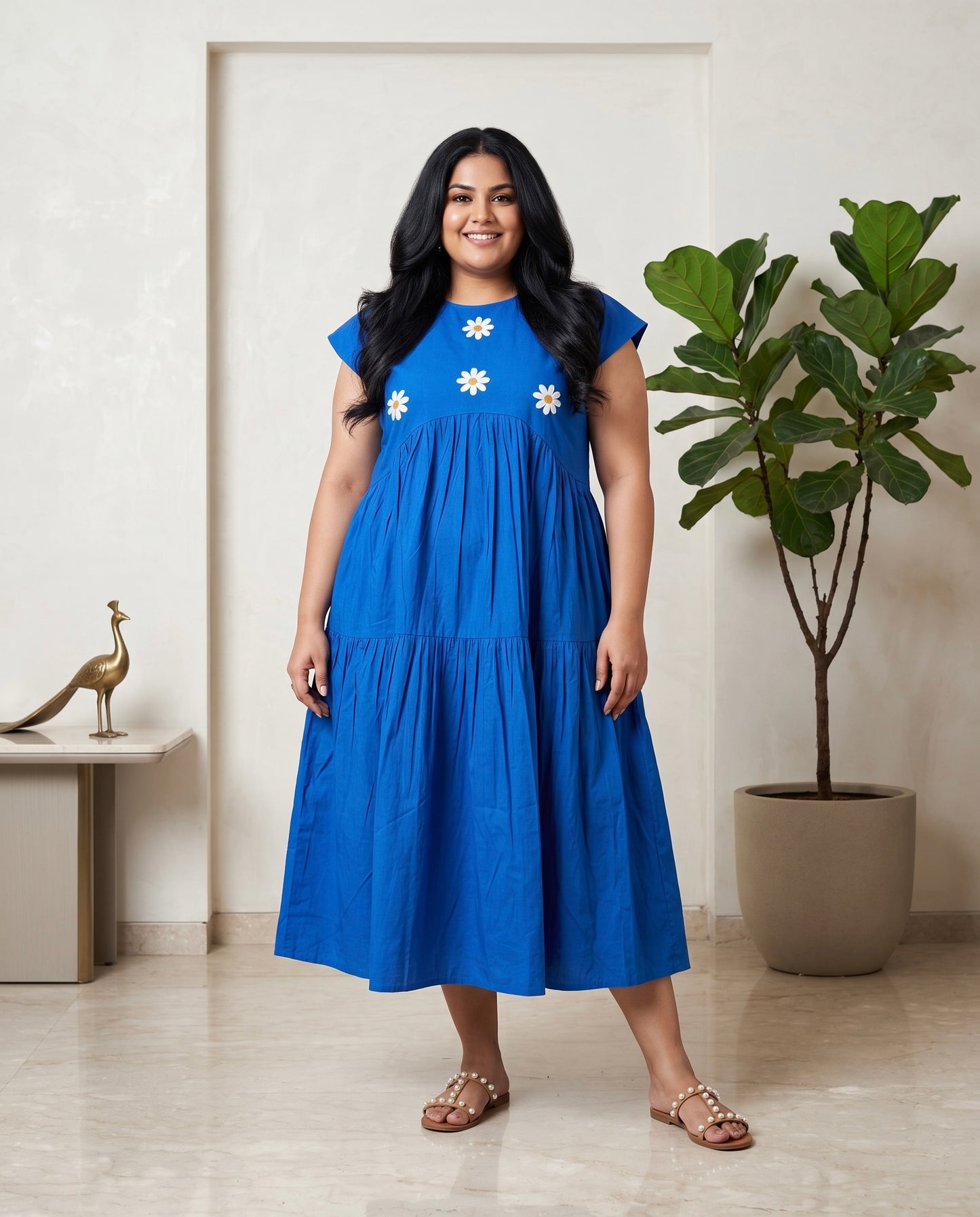 Azure Bloom Cotton Tiered Midi Dress Moonstruck