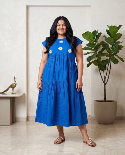 Azure Bloom Cotton Tiered Midi Dress Moonstruck