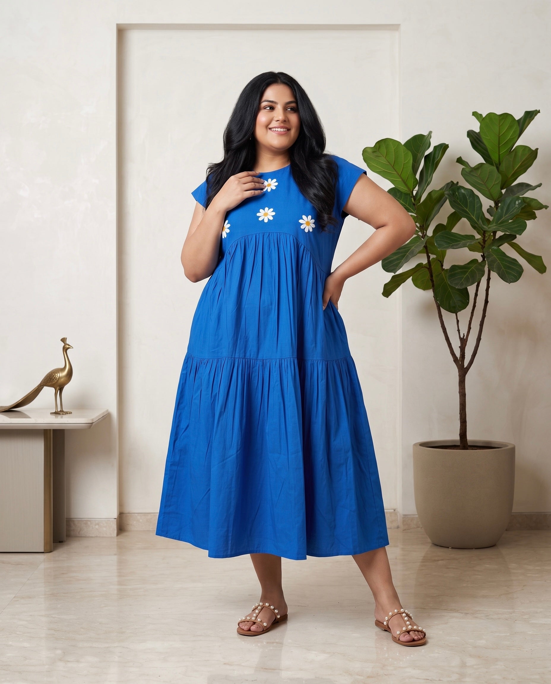 Azure Bloom Cotton Tiered Midi Dress Moonstruck