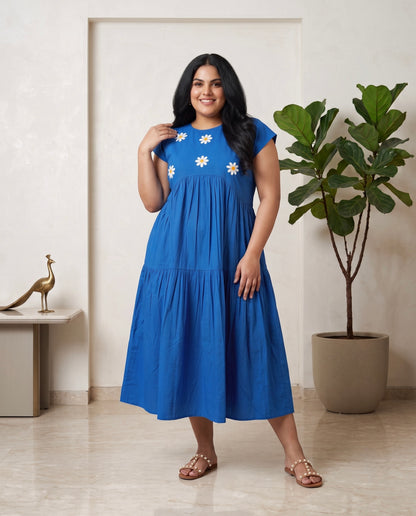 Azure Bloom Cotton Tiered Midi Dress Moonstruck