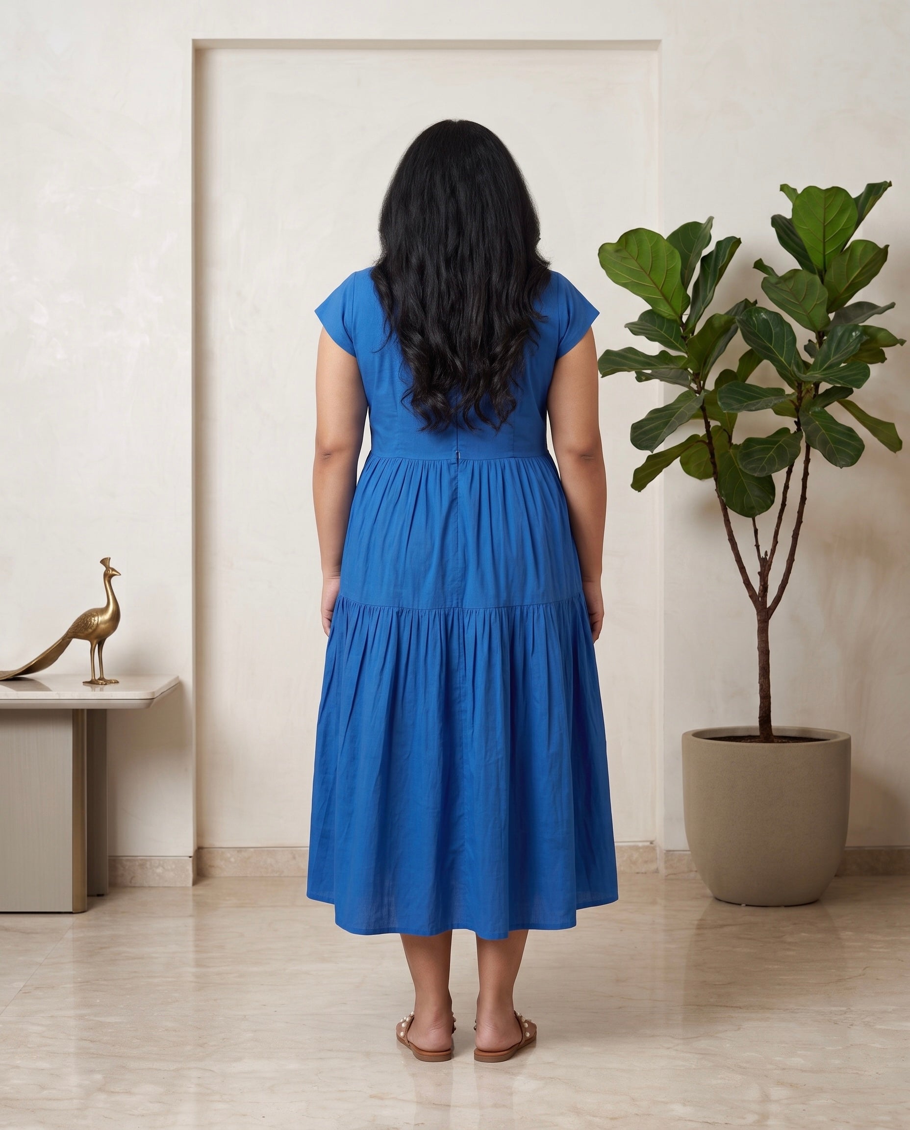 Azure Bloom Cotton Tiered Midi Dress Moonstruck