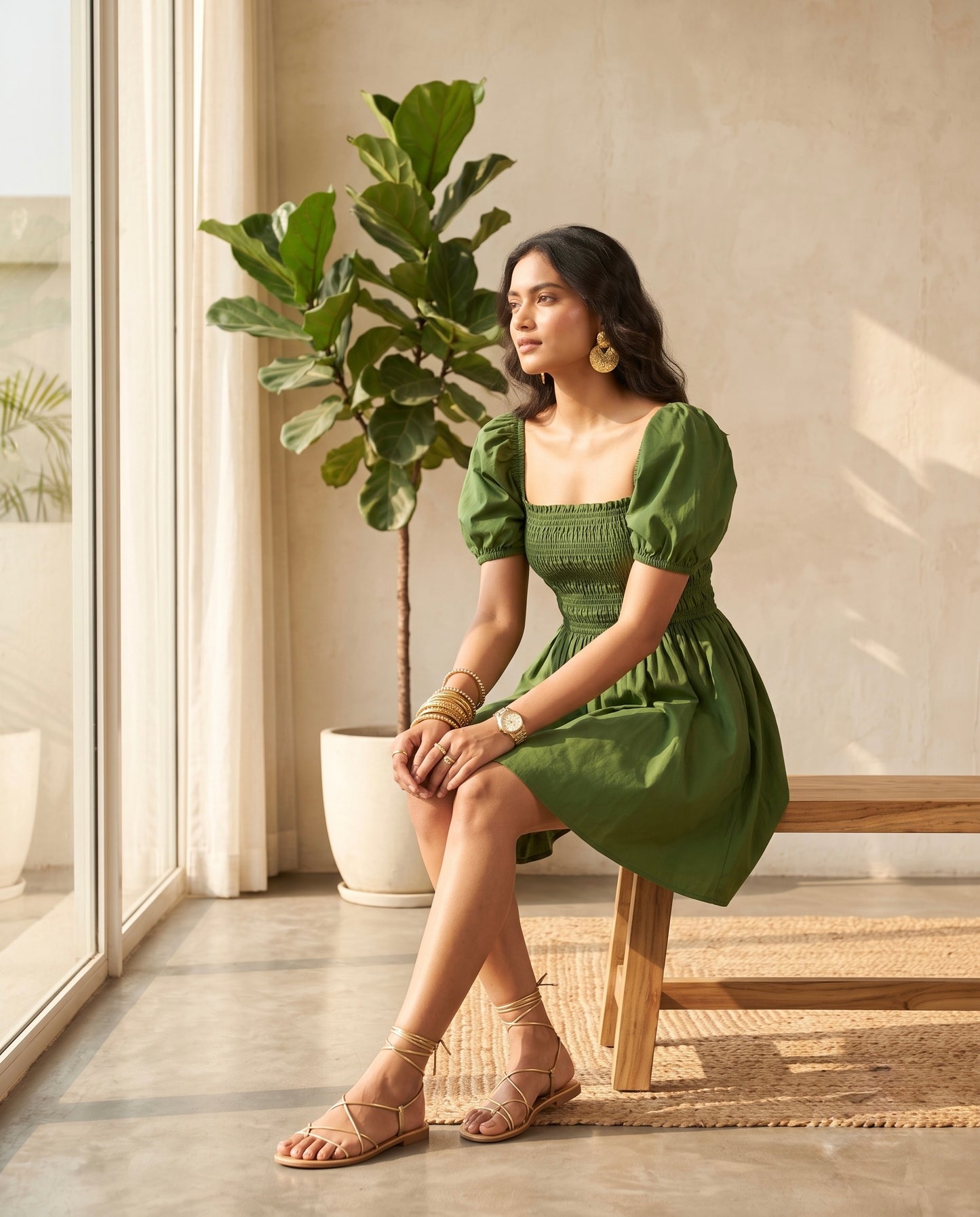 Olive Bloom Smocked Puff Sleeve Mini Dress Moonstruck