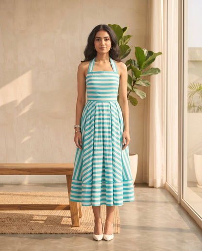 Coastal Breeze Striped Halter Midi Dress Moonstruck
