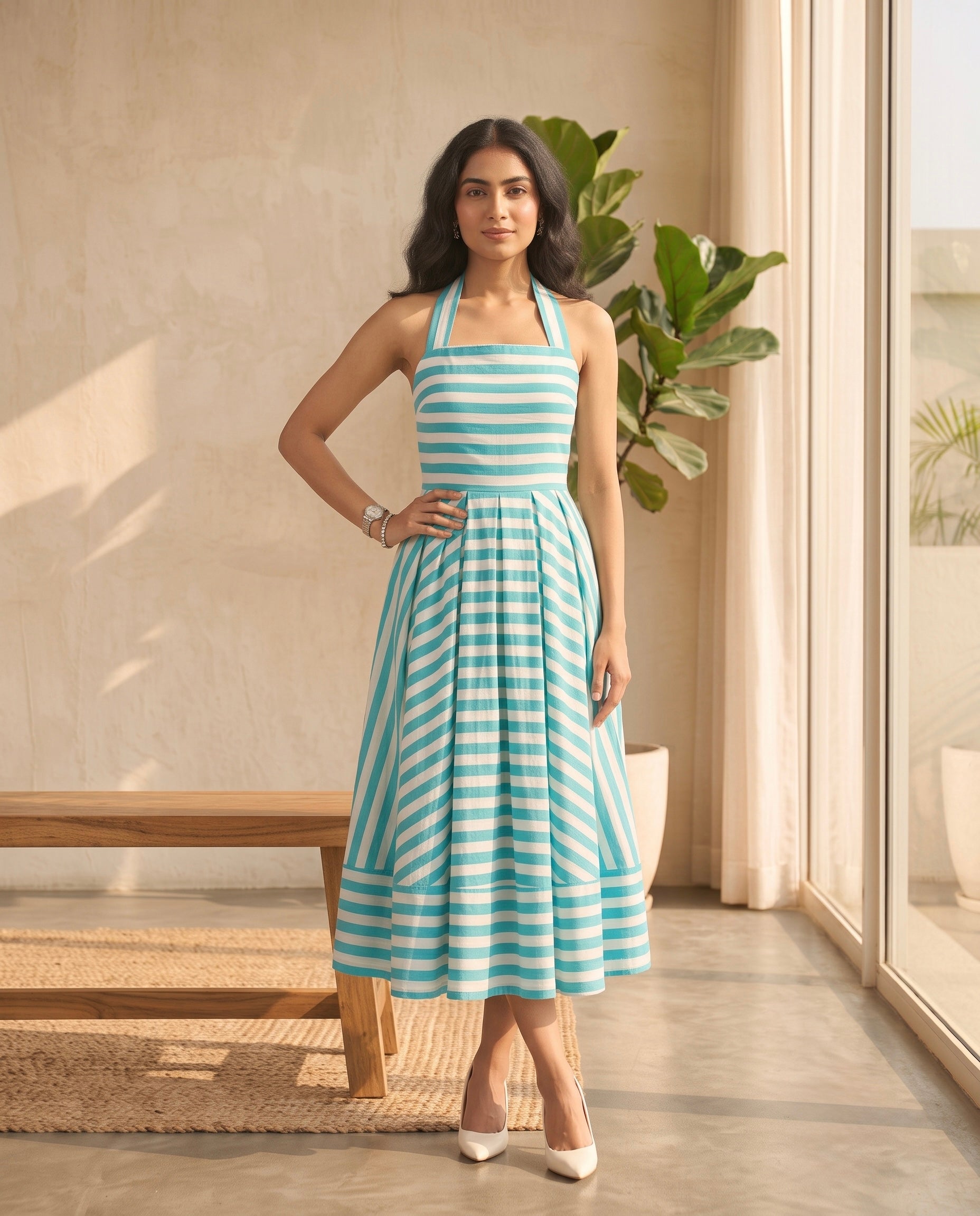 Coastal Breeze Striped Halter Midi Dress Moonstruck