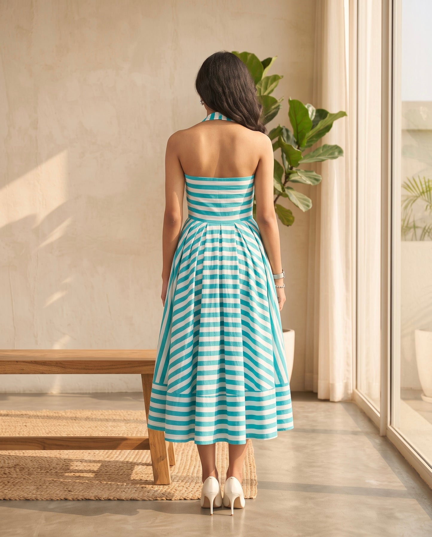 Coastal Breeze Striped Halter Midi Dress Moonstruck