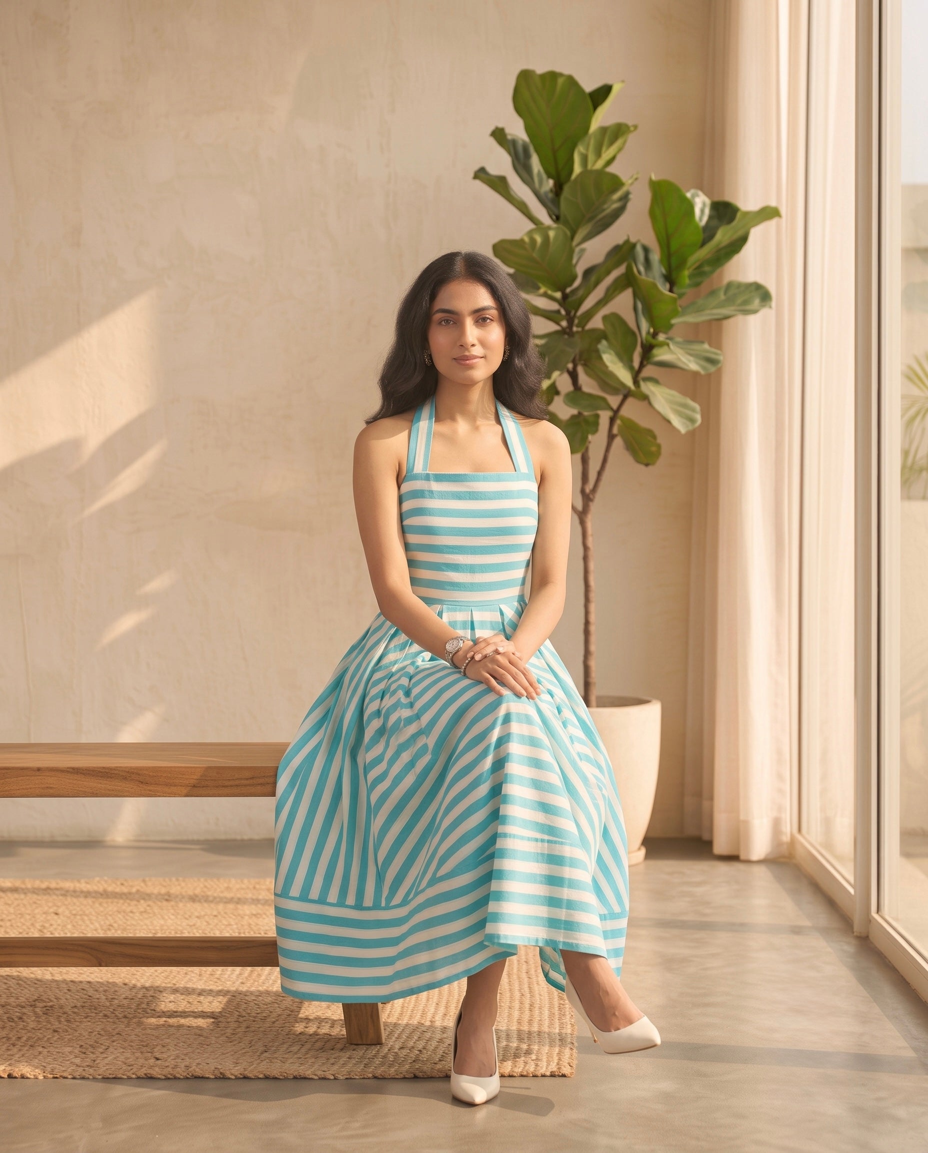 Coastal Breeze Striped Halter Midi Dress Moonstruck