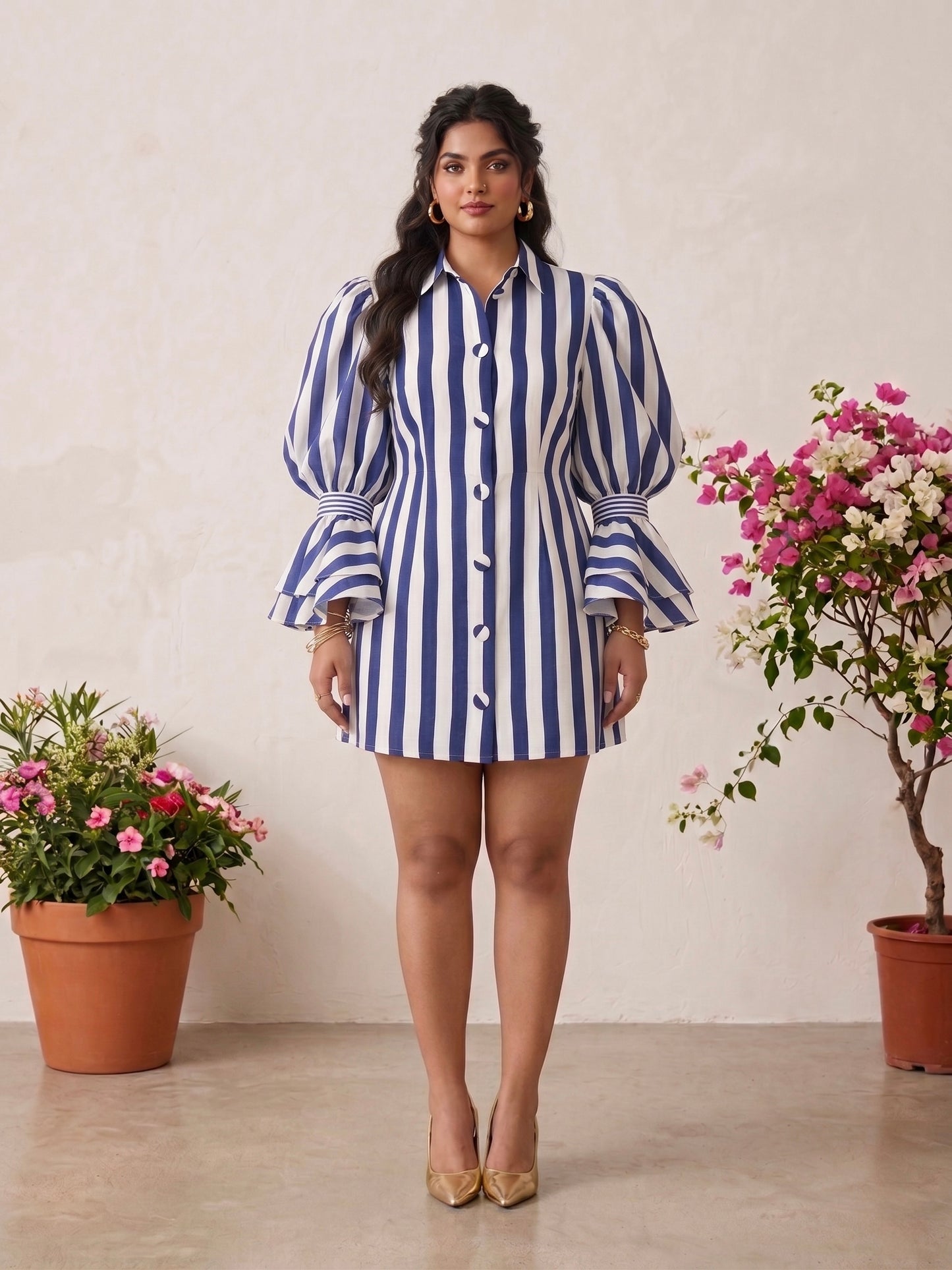 Blue & White Vertical Stripe Puff Sleeve Button-Front Short Dress Moonstruck