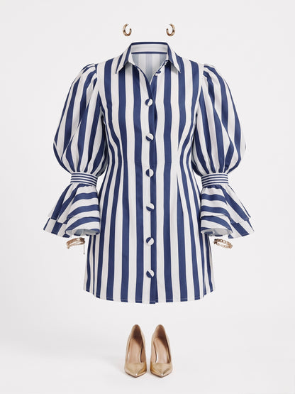 Blue & White Vertical Stripe Puff Sleeve Button-Front Short Dress Moonstruck