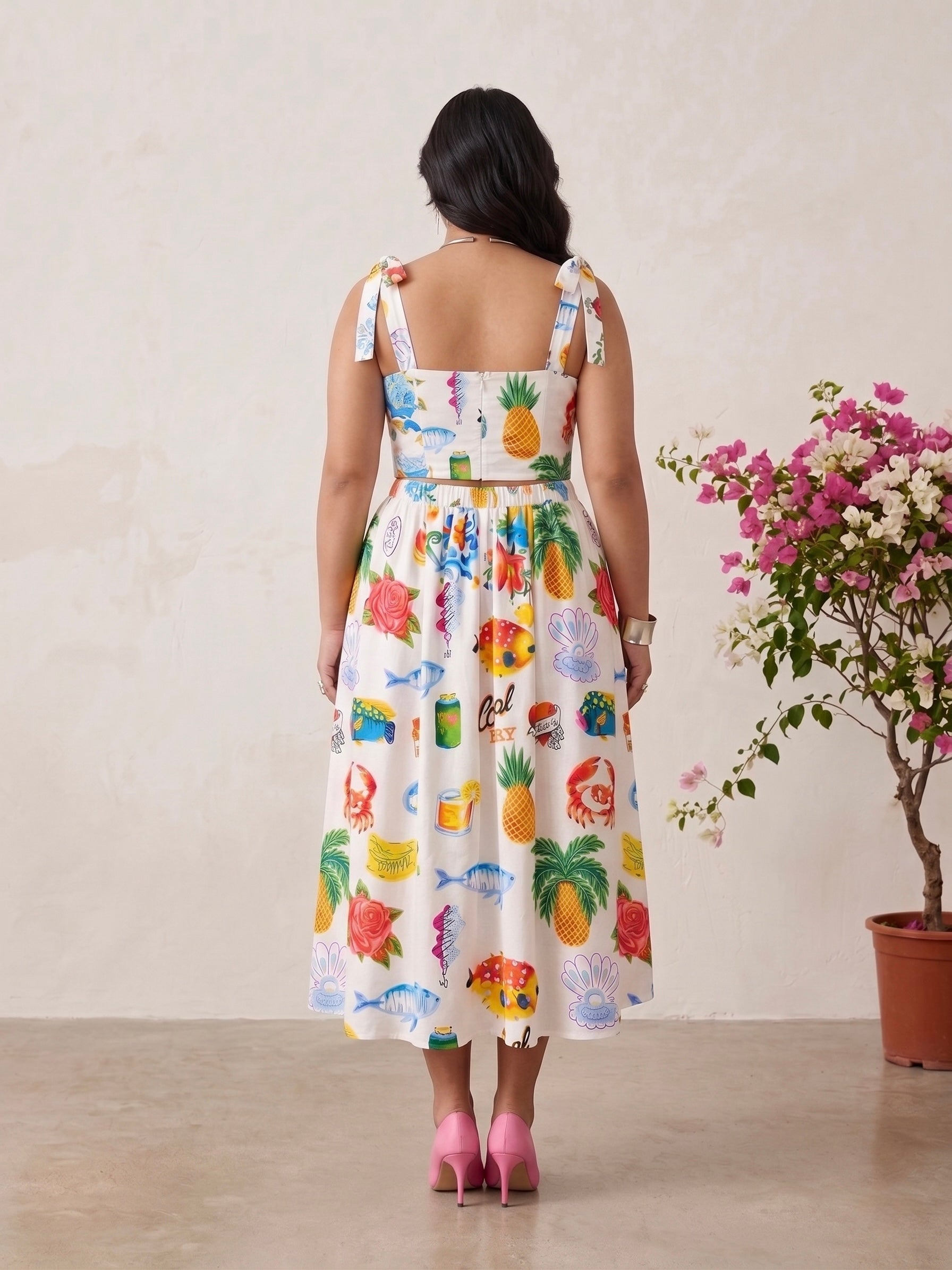 White Tropical Print Crop Top & Midi Skirt Co-Ord Set Moonstruck