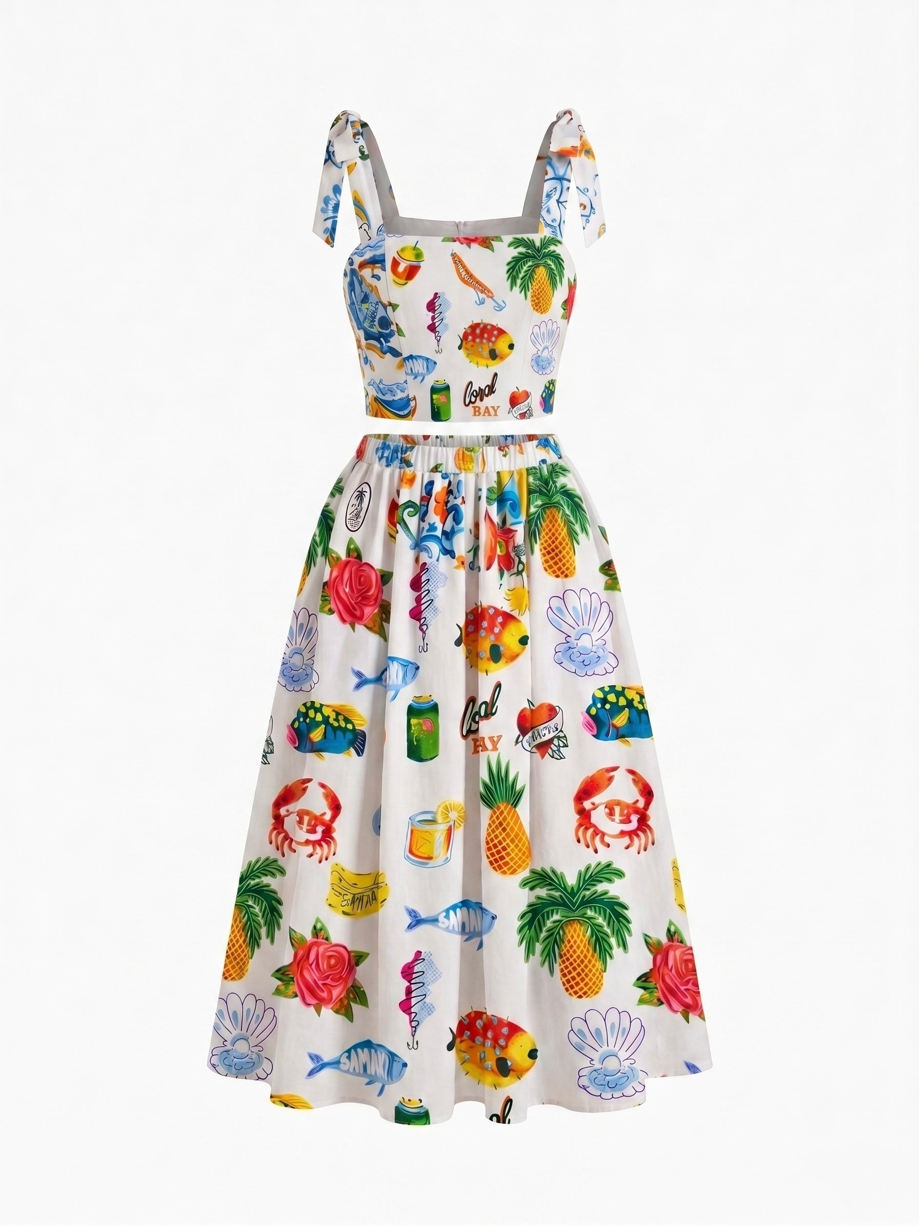 White Tropical Print Crop Top & Midi Skirt Co-Ord Set Moonstruck