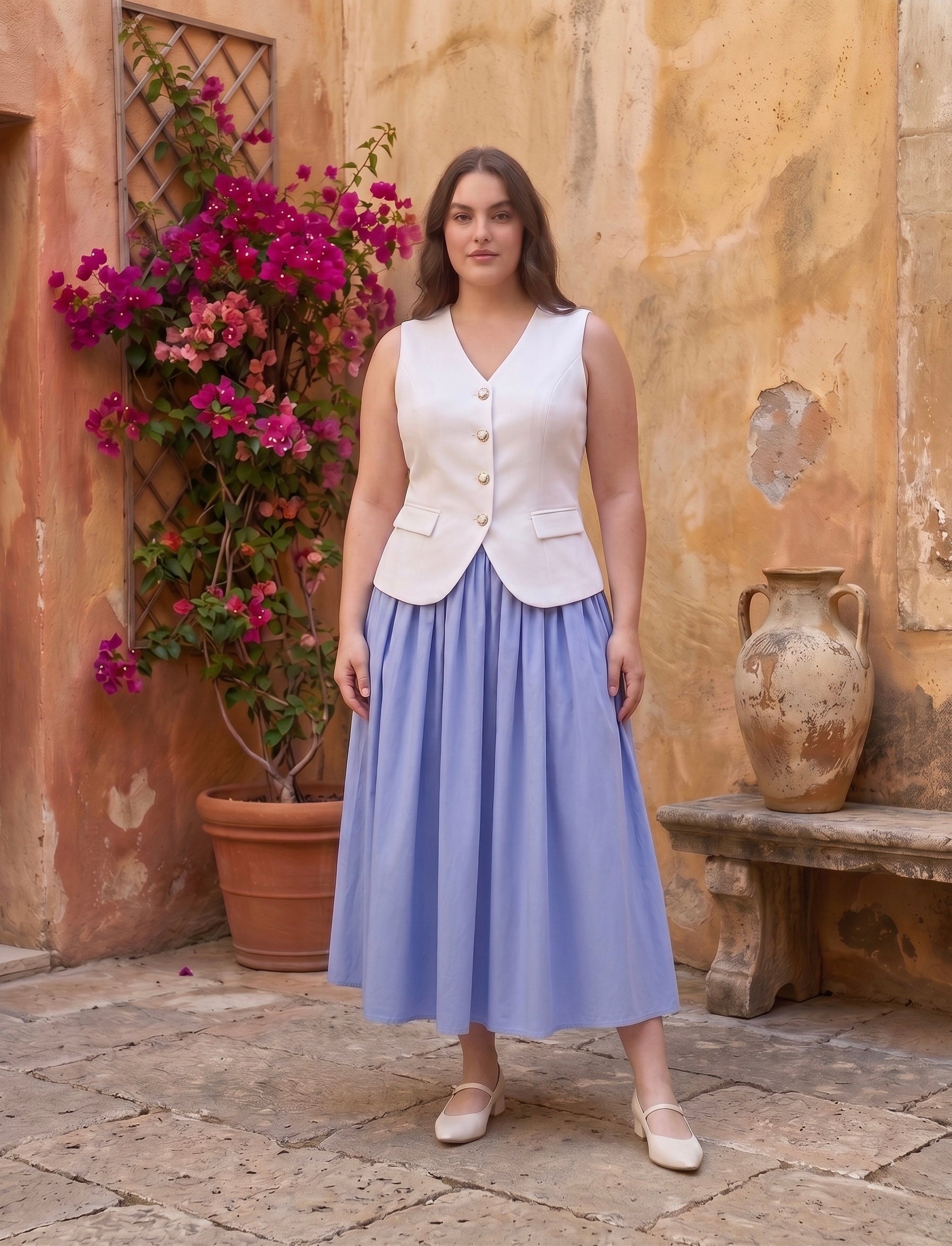 Graceful White Sleeveless Vest with Light Blue Midi Skirt Moonstruck