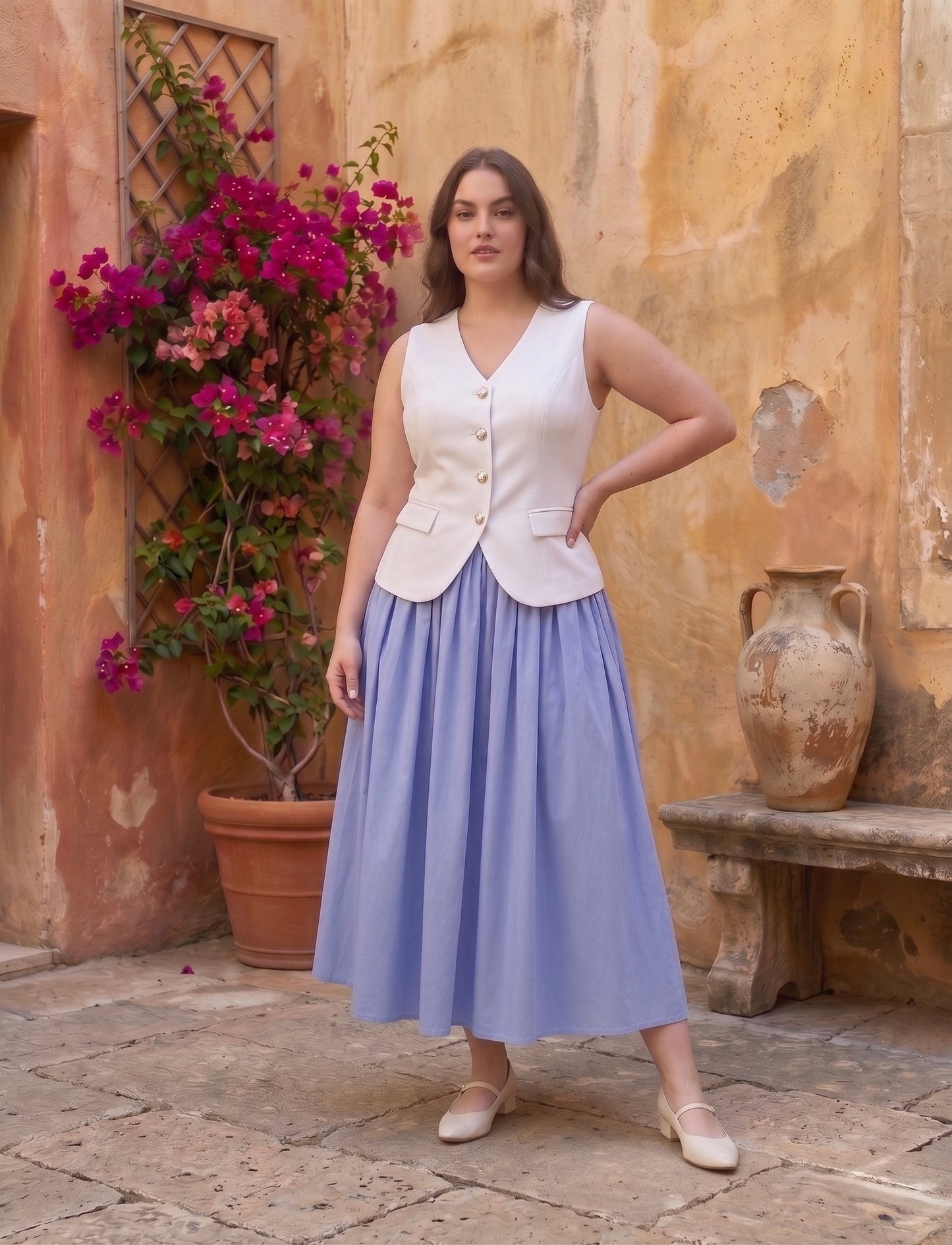 Graceful White Sleeveless Vest with Light Blue Midi Skirt Moonstruck