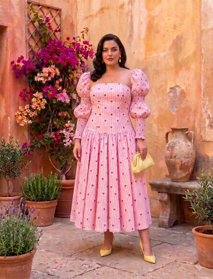 Women's Pink Heart Print Puff Sleeve Midi Dress Moonstruck