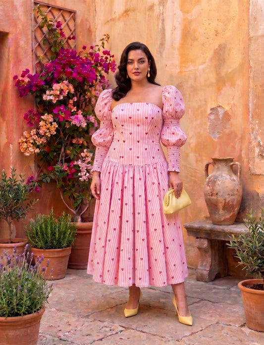 Women's Pink Heart Print Puff Sleeve Midi Dress Moonstruck