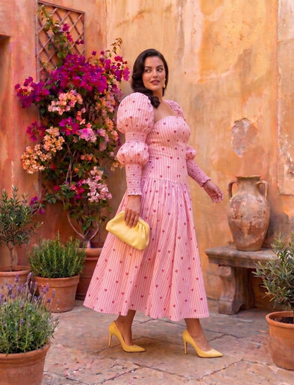 Women's Pink Heart Print Puff Sleeve Midi Dress Moonstruck