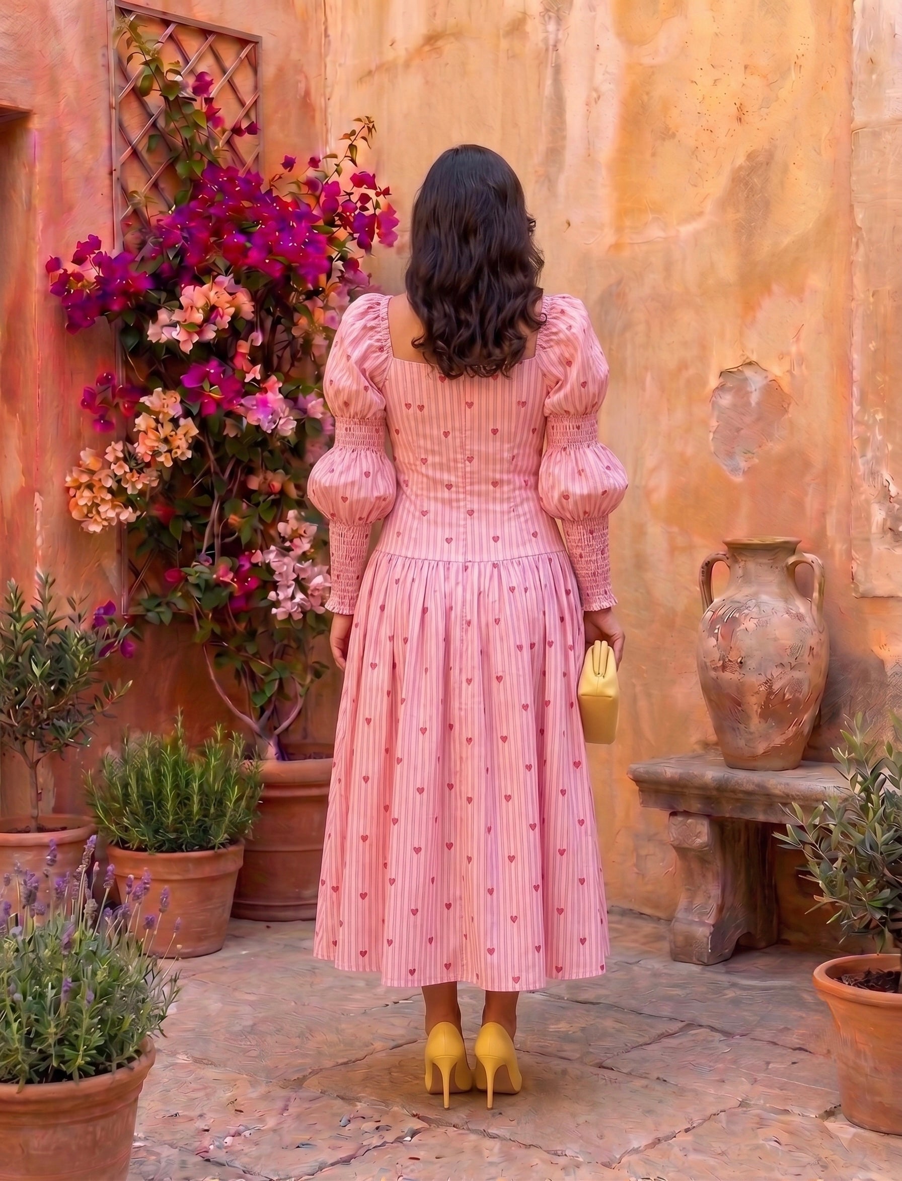 Women's Pink Heart Print Puff Sleeve Midi Dress Moonstruck