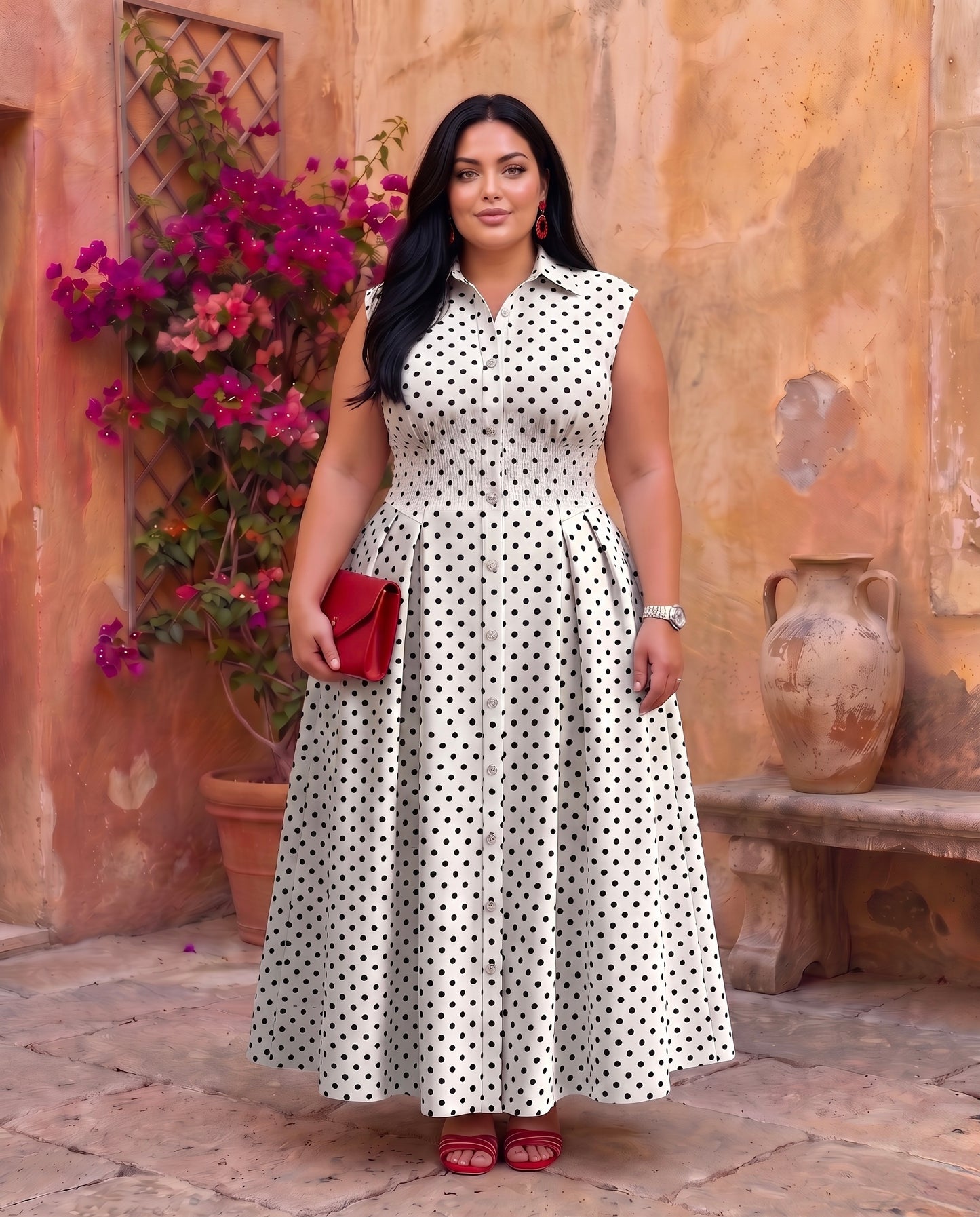 Elegant Polka Dot Collared Sleeveless Maxi Dress Moonstruck