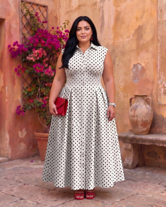 Elegant Polka Dot Collared Sleeveless Maxi Dress Moonstruck