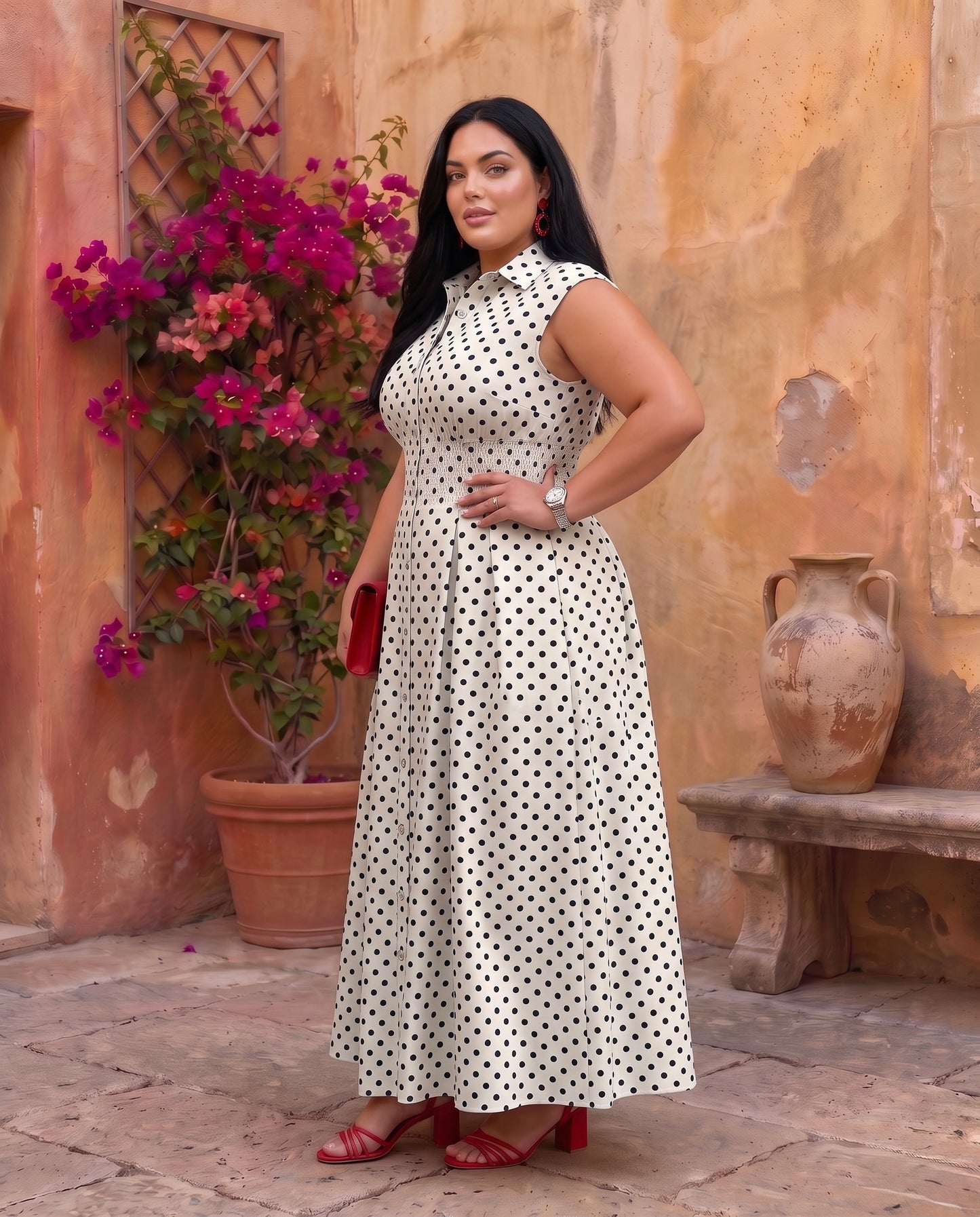 Elegant Polka Dot Collared Sleeveless Maxi Dress Moonstruck