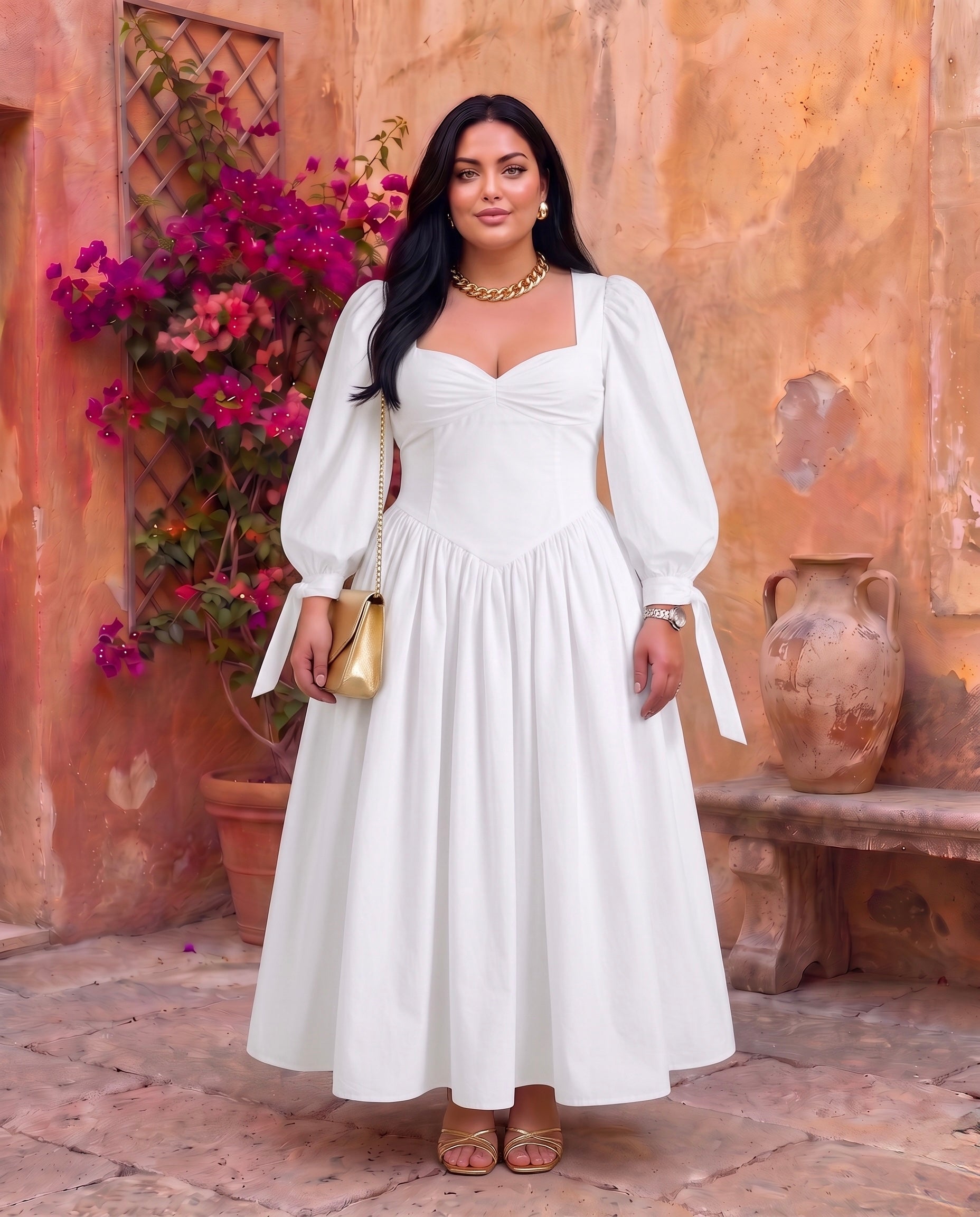 White Puff Sleeve Sweetheart Neck Maxi Dress Moonstruck