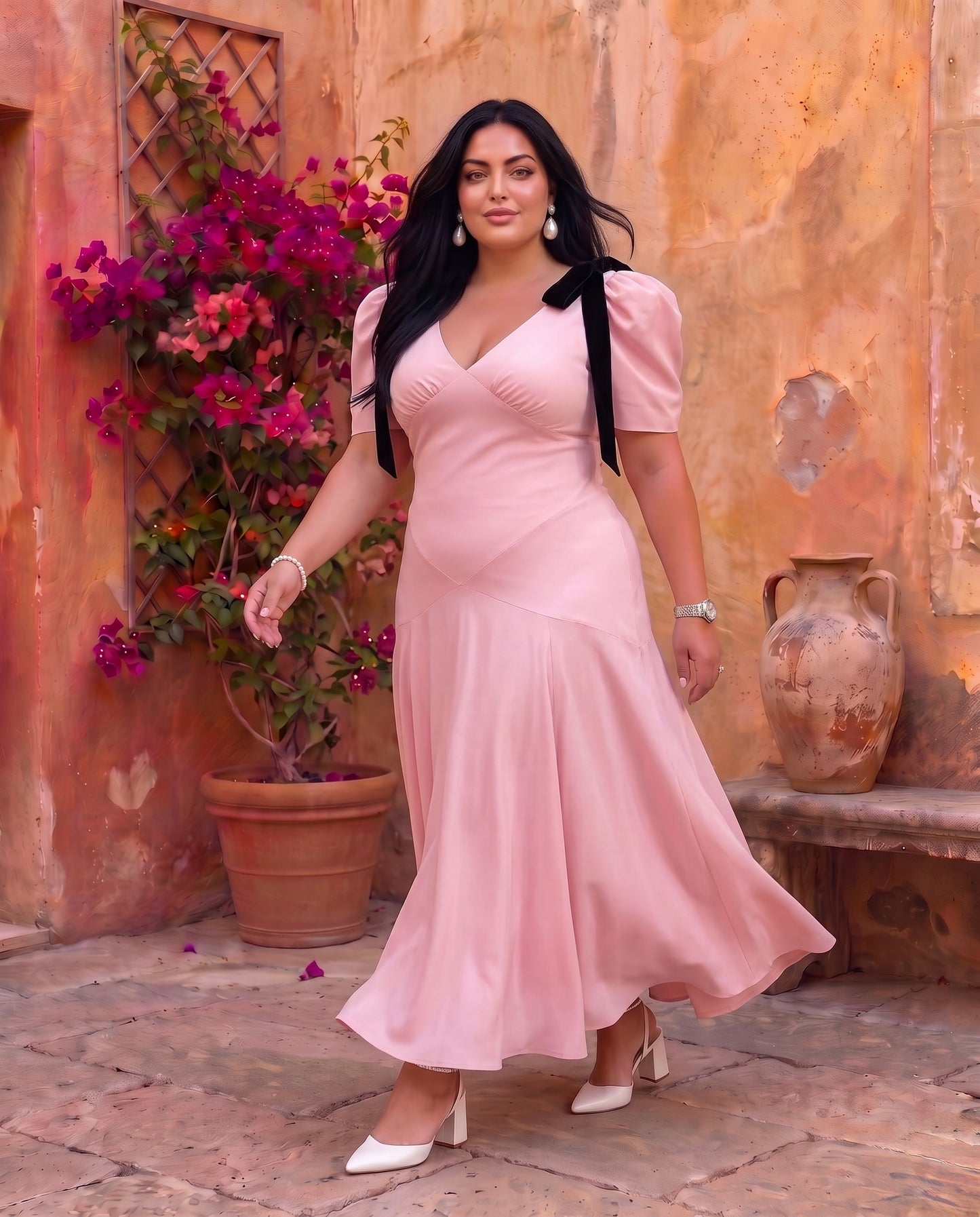 Elegant Blush Pink Bow Shoulder Flared Midi Dress Moonstruck