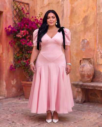 Elegant Blush Pink Bow Shoulder Flared Midi Dress Moonstruck