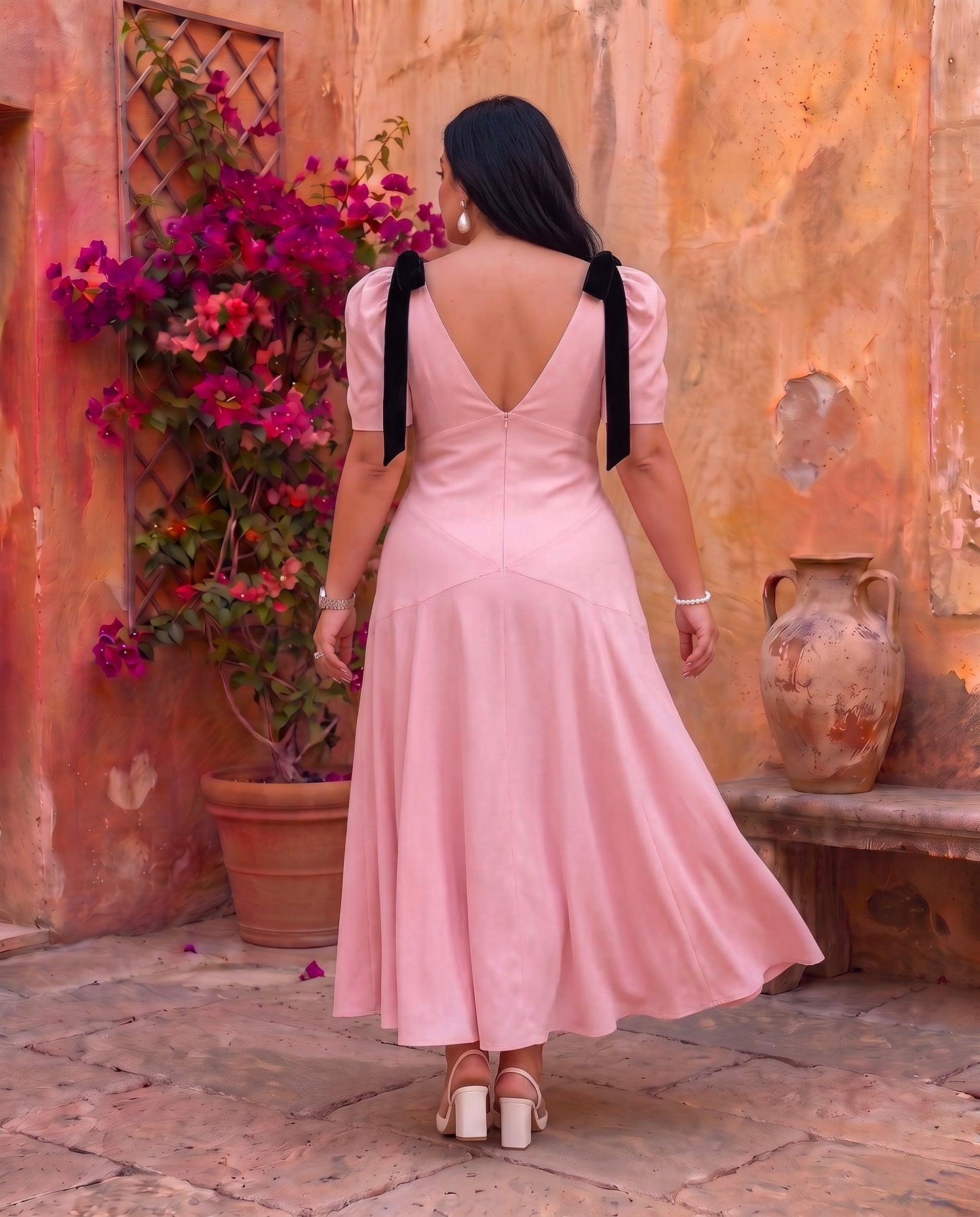 Elegant Blush Pink Bow Shoulder Flared Midi Dress Moonstruck