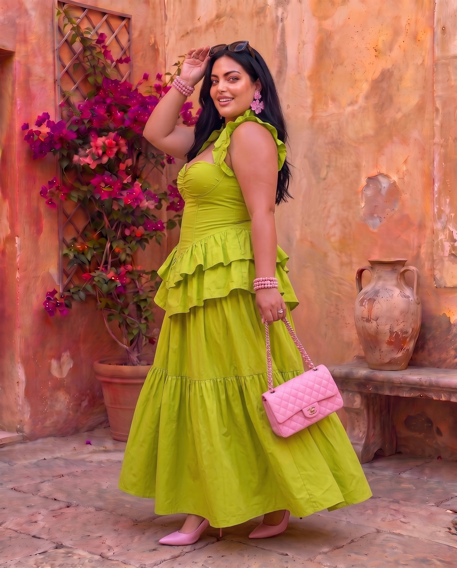Lime Blossom Ruffle Maxi Dress Moonstruck
