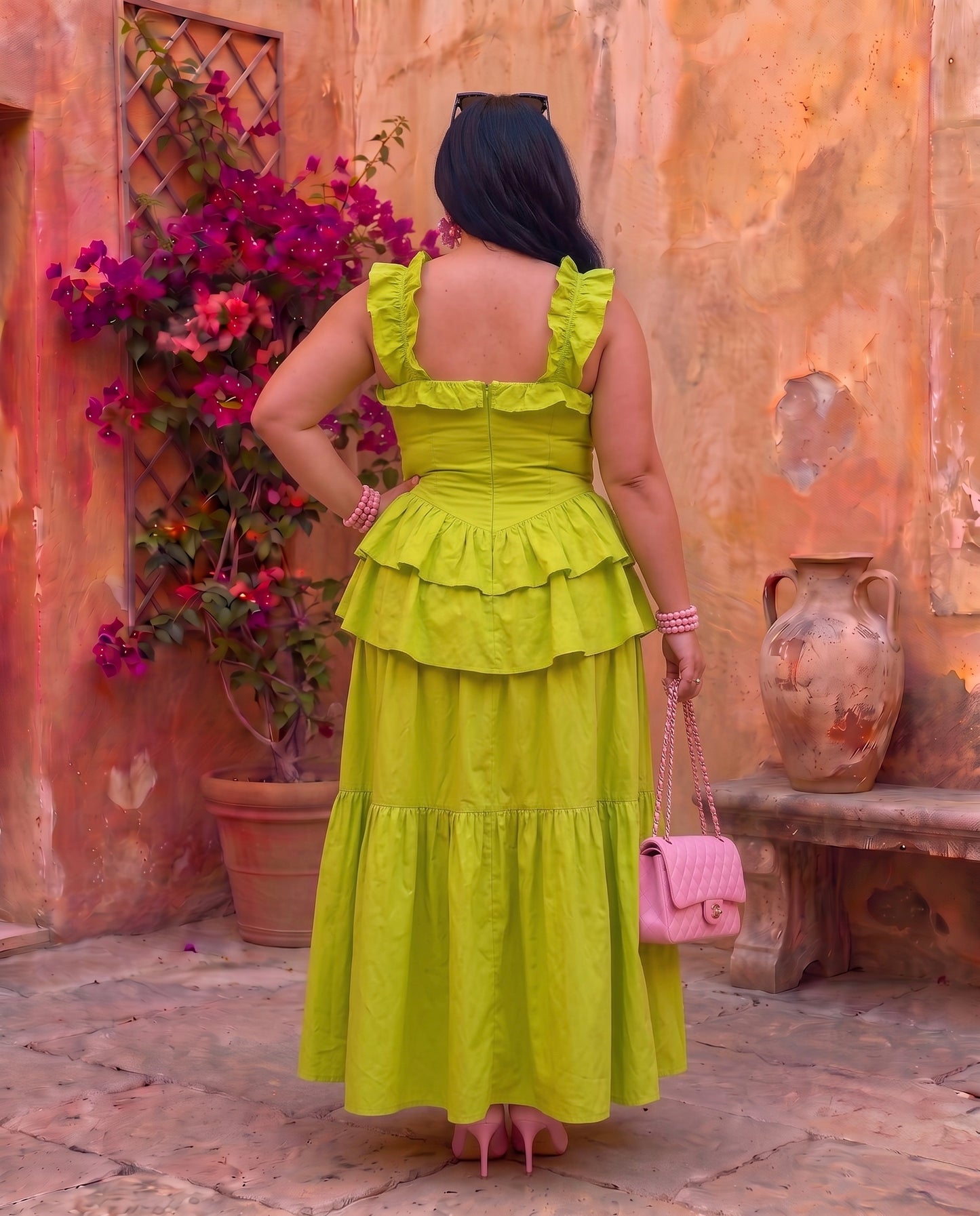 Lime Blossom Ruffle Maxi Dress Moonstruck