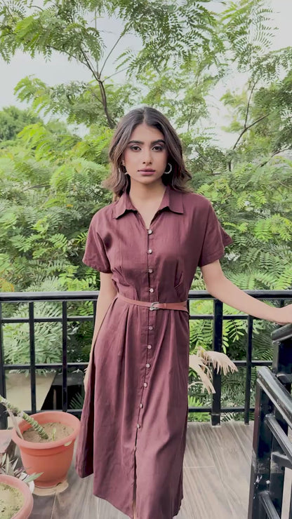 Cocoa brown belted linen midi shirt dress