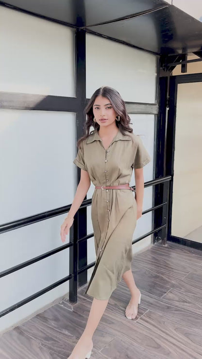 Olive green belted shirt style midi dress