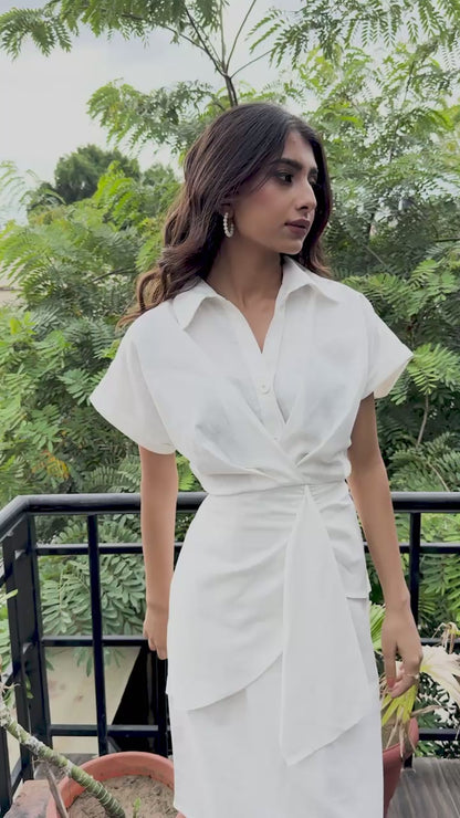 White linen drape midi shirt dress