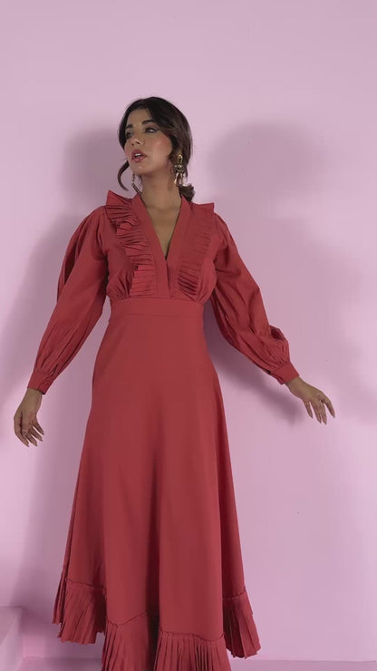 Full sleeve maxi dress with pleated ruffle hem