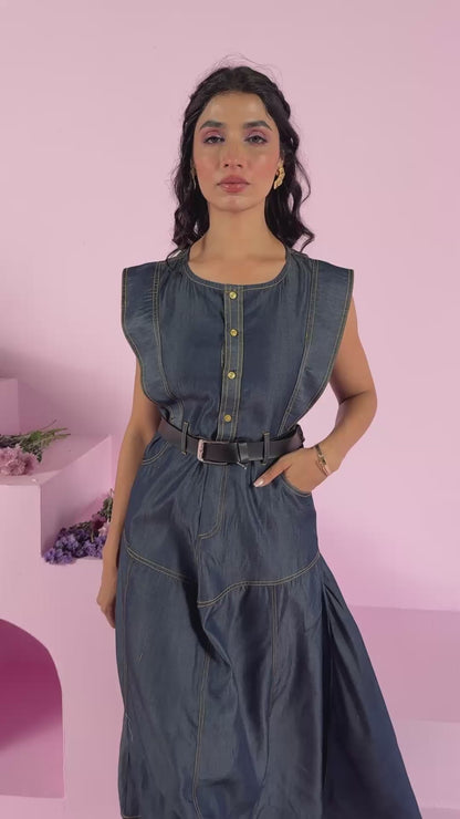 Ruffle princess sleeveless contrast seams fit & flarred denim maxi