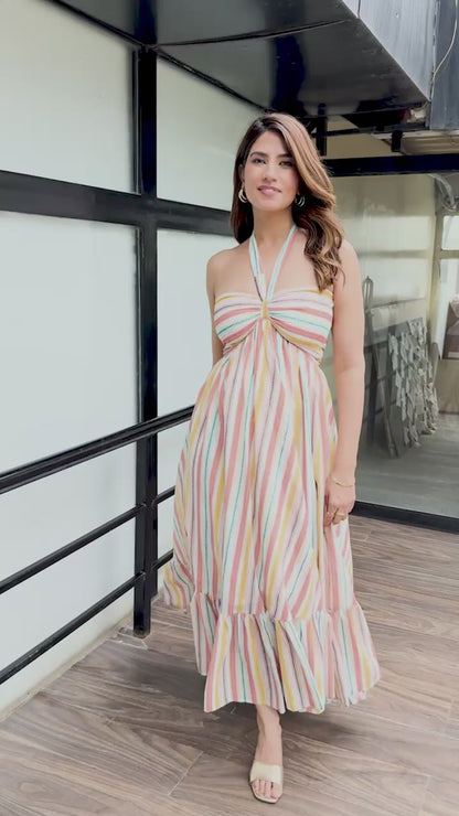 Multi-color stripped printed halter neck maxi dress