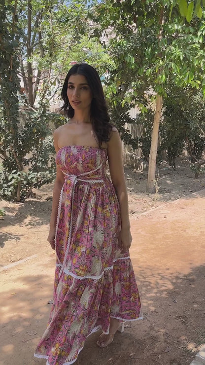 Pink Printed Maxi Dress with Smocking and Tube Front Knot
