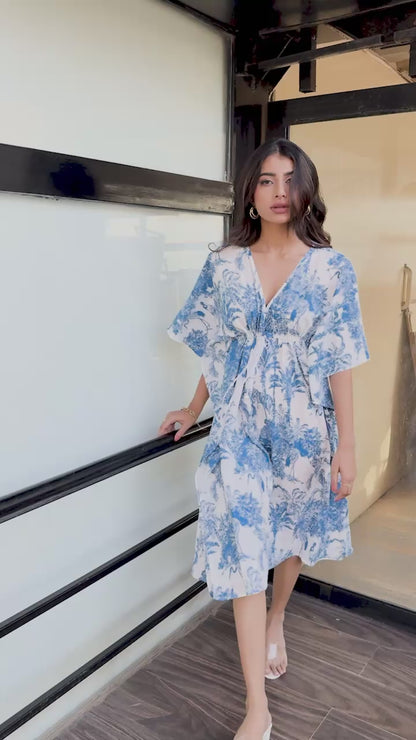 Palm treen print blue kaftan dress