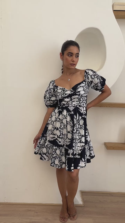 Frill and Flared Short Dress in Black & White Floral Print