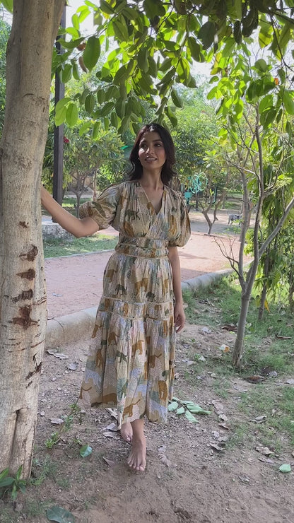 Beige Midi Dress with Abstract Animal Print Design