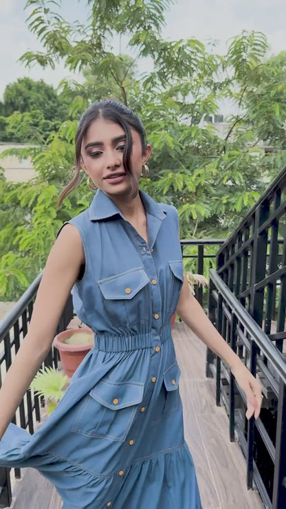 Sleeveless blue collared tier shirt maxi dress